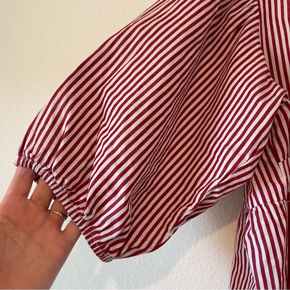 Velvet Heart Striped Top sz Medium Red White Bow Front Cropped Puff Sleeve - Picture 3 of 9